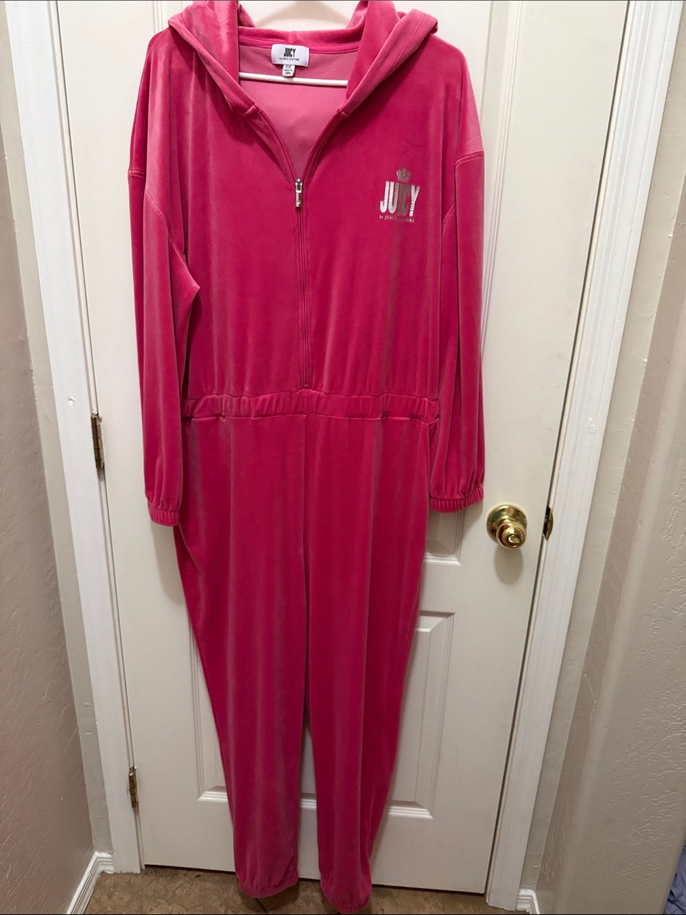 Women’s XXL Juicy Couture Velvet Soft Pink Velour Hooded Jumpsuit Plus Size